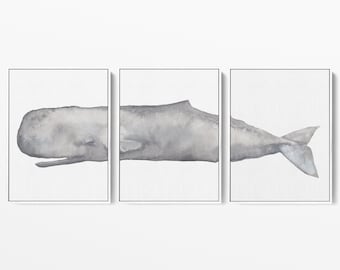 Sperm Whale Print Coastal Bathroom Decor Nautical Bedroom Mantle Triptych | "Sperm Whale Watercolor" - Set of 3 - Art Prints or Canvases