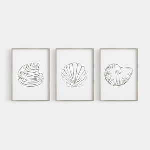Seashell Set | Modern Coastal Decor for Beach House Triptych | &quot;Minimalist Seashell Trio, No. 1&quot; - Set of 3 - Art Prints or Canvases