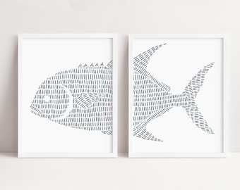 Permit Fish Print Set Beach House Ocean Coastal Decor Gift for Dad Diptych | "Permit Fish Illustration" - Set of 2  - Art Prints or Canvases