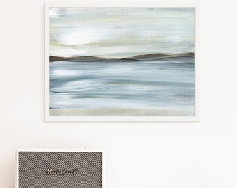 Coastal Wall Art Decor | Abstract Lake Artwork in Beige and Blue, Modern Neutral Lakehouse Design | "Glassy Views" - Art Print or Canvas