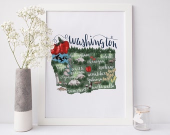 Washington State Map Gift Illustrated Hometown Landmark Map WA Wall Art Print or Canvas