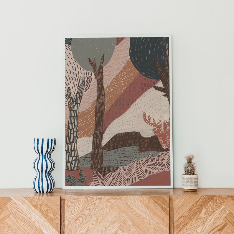 May include: Abstract art print featuring a stylized forest scene with trees, a deer, and a colorful, textured background. The colors are primarily brown, pink, and blue.