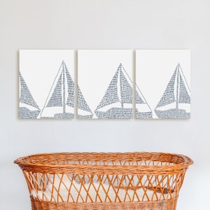 Sailboat Print Nautical Decor Coastal Set of 3 Triptych Blue & White | "Sailboat Nautical Illustration" - Set of 3  - Art Prints or Canvases