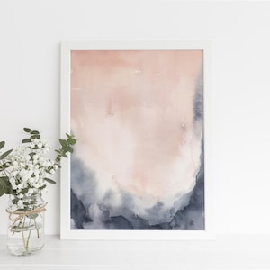 Abstract Watercolor Painting Blush and Indigo Contemporary Artwork Navy Minimal Ethereal Art | "Blush Dawn, No. 2" - Art Print or Canvas