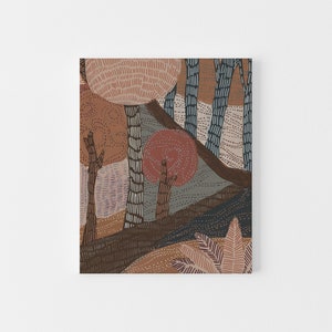 May include: Abstract art print featuring a stylized forest scene with trees in shades of brown, gray, and pink. The trees are depicted with a textured pattern and the background is a mix of brown, gray, and pink.