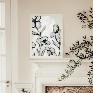 Flower Painting | Modern Neutral Floral Artwork in Cream, Beige, and Black Tones | &quot;Neutral Daisy Study&quot; – Art Print or Canvas