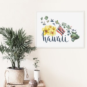 Hawaii Karte Kunst | Oahu, Maui, Kauai State Karte Druck, Illustrierte Heimatstadt Wand Kunst Geschenk | Kunstdruck oder Leinwand