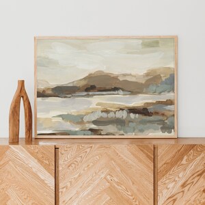 Arte de paisaje / Pintura otoñal para decoración moderna y neutra del hogar / Obra de arte de granja con lago en tonos cálidos / "Trailing Marsh" - Impresión artística o lienzo