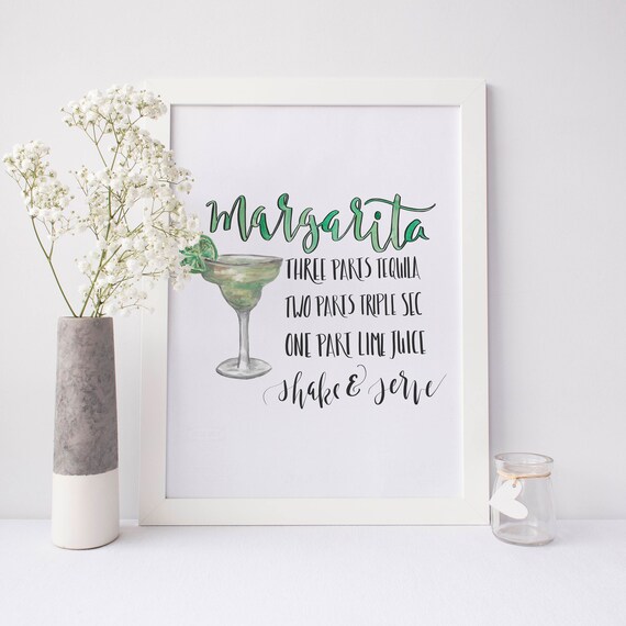 margarita sign kitchen wall decor bar cart cocktail recipe art | etsy