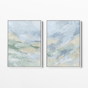 Coastal Wall Art | Beach Diptych Artwork in Light Pale Blue and Green, Grandmother Decor | &quot;Spring Seas&quot; - Set of 2 Art Prints or Canvases