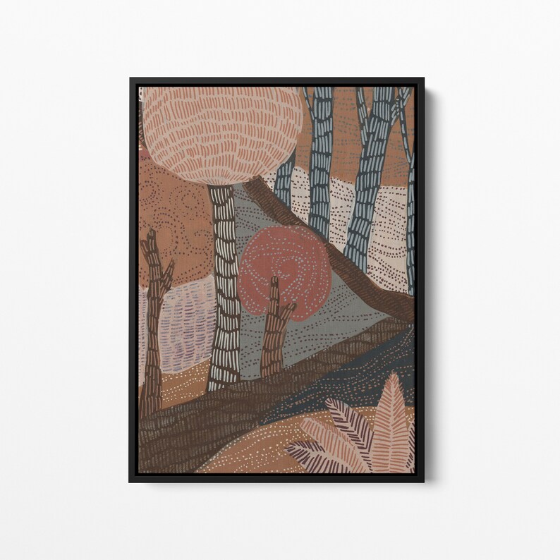 May include: Abstract art print featuring a stylized forest scene with trees, leaves, and a hill in shades of brown, pink, blue, and gray.