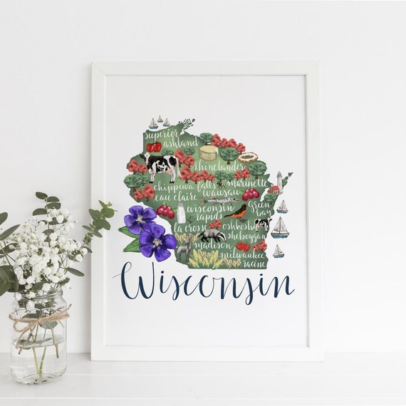 Wisconsin State Map Illustration Wall Art Madison WI Gift Idea Etsy