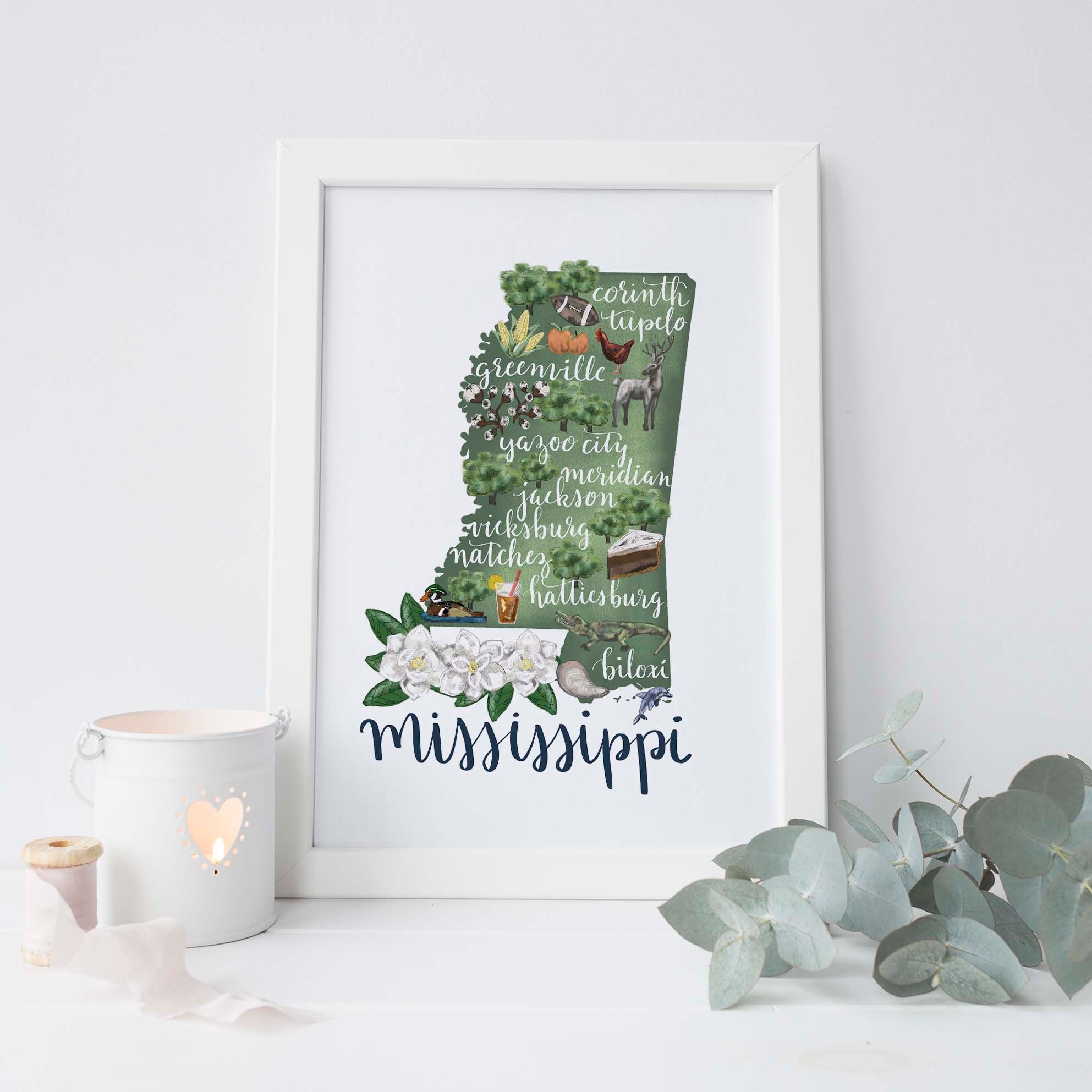 State Map of Mississippi Mississippi Map Art Print Watercolor Illustration Wall Art Home Decor Gift COLOUR PRINTS