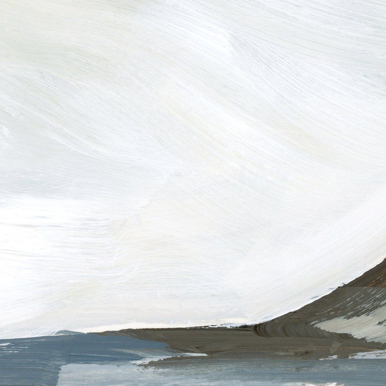 May include: Abstract landscape painting with a minimalist aesthetic. The artwork features broad brushstrokes in shades of white, gray, and brown, creating a sense of depth and texture. The composition evokes a serene, natural scene.