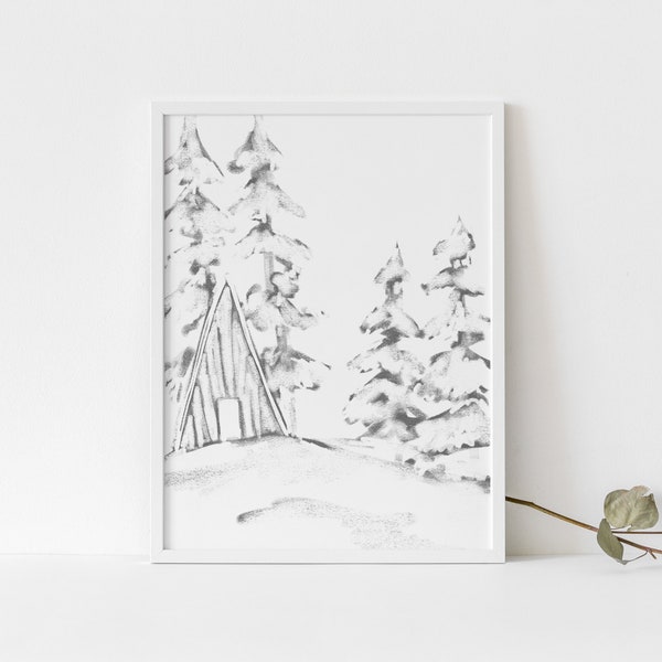 Cabin Wall Art Modern Lodge Decor Winterscape Snow Scene Evergreen Wall Art Winter Drawing | "A Winter's Day" - Art Print or Canvas