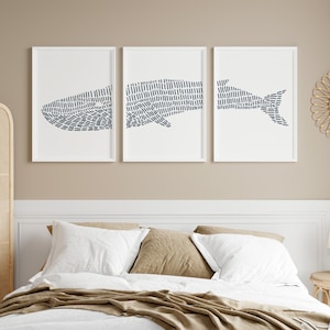Blue Whale Set | Modern Beach House Decor, Coastal Triptych Wall Art | "Blue Whale Illustration" - Set of 3 Art Prints or Canvases