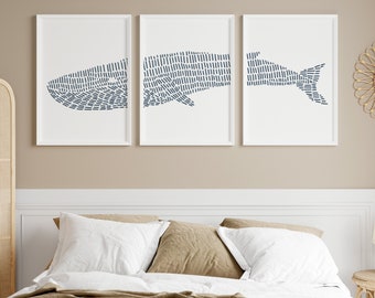 Blue Whale Set Modern Beach House Decor Coastal Set of 3 Triptych | "Blue Whale Illustration" - Set of 3  - Art Prints or Canvases