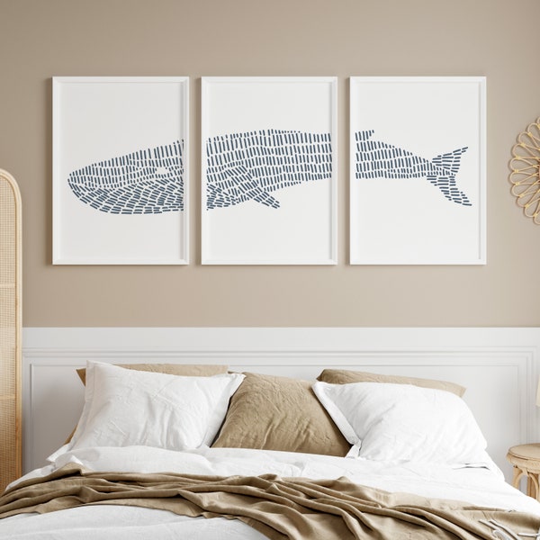 Blue Whale Set Modern Beach House Decor Coastal Set of 3 Triptych | "Blue Whale Illustration" - Set of 3  - Art Prints or Canvases