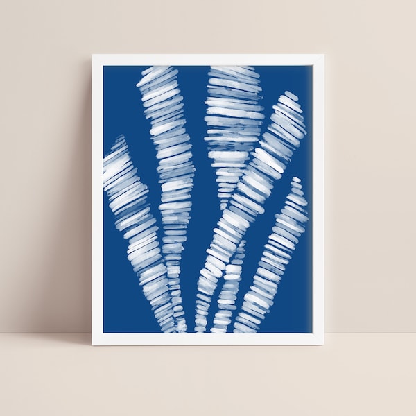 Sea Botanical Art Modern Minimalist Coastal Decor Single Vertical Blue and White Poster | "Deep Azure Blue Seaweed"  - Art Print or Canvas