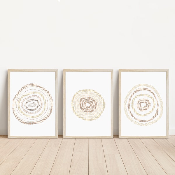 Modern Circle Print Set Minimalist Decor Earth Tones Warm Nursery Triptych | "Minimalist Circle Blooms" - Set of 3 - Art Prints or Canvases