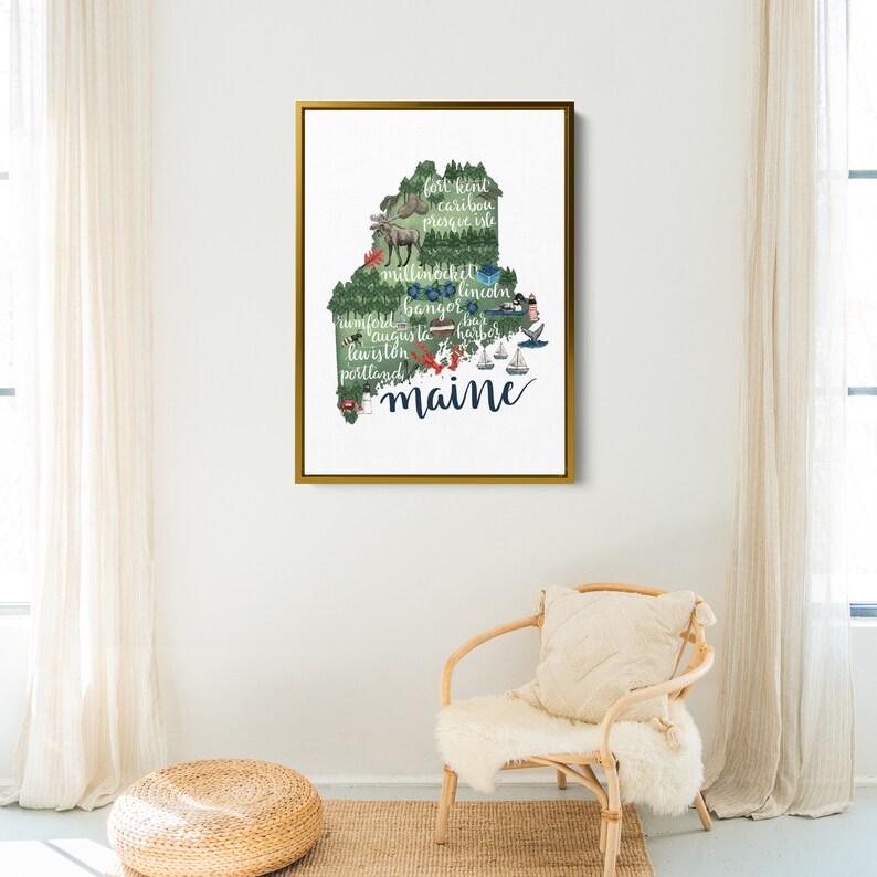 May include: A green and blue illustration of the state of Maine with the names of cities and towns written on it. The word "Maine" is written in large, blue letters at the bottom of the illustration.