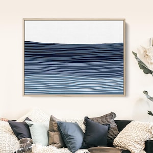 Blue and White Abstract Seascape | Modern Minimalist Lake House Decor & Coastal Wall Art | &quot;Smoothed Wakes, No. 2&quot; – Art Print or Canvas