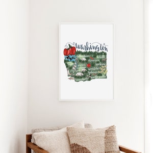 Cadeau kaart staat Washington | Geïllustreerde kaart met geboorteplaats, WA Wall Art | Kunstafdruk of canvas
