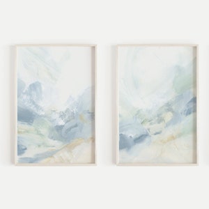 Coastal Wall Art Modern Abstract Painting Light Neutral Blue Green Beach Diptych | "Tidal Movement" - Set of 2 - Art Prints or Canvases