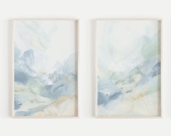 Coastal Wall Art Modern Abstract Painting Light Neutral Blue Green Beach Diptych | "Tidal Movement" - Set of 2 - Art Prints or Canvases