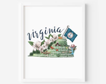 Virginia State Map | Home State Gift with VA Landmark Illustration | Art Print or Canvas