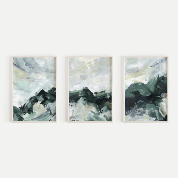 Tableau triptyque abstrait vert, blanc et beige, art mural contemporain | « Unfurling » - Lot de 3 - Reproductions d'art sur toile ou sur toile