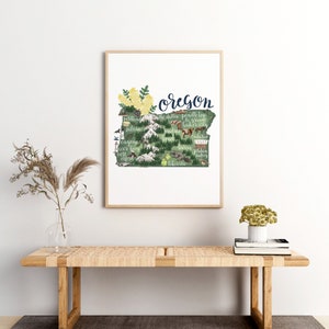 Stampa artistica da parete dell'Oregon / Illustrazione della mappa dello stato con punto di riferimento di Portland / Idea regalo per la città natale - Stampa o tela