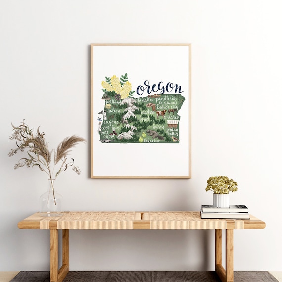 Oregon Wall Art Print | State Map Illustration with Portland Landmark | Hometown Gift Idea - Print or Canvas