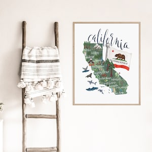 Kalifornien Wandbild | US Bundesstaat Mappe Kunstwerk mit Wahrzeichen Illustration, CA Heimatstadt Geschenk | Kunstdruck oder Leinwand