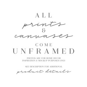 May include: White background with gray text. The text reads: "ALL prints & canvases COME UNFRAMED. PHOTOS ARE FOR HOME DECOR INSPIRATION & MOCKUP PURPOSES ONLY. SEE DESCRIPTION FOR ADDITIONAL product details."