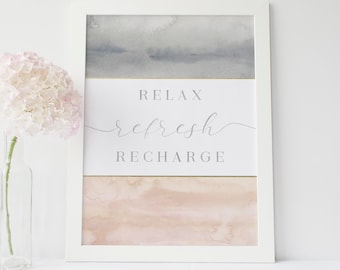 Spa Bathroom Wall Art | Blush Pink, Peach, and Gray Quote Decor for Relaxation | "Relax Refresh Recharge" – Art Print or Canvas