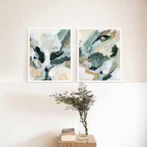 Abstract Painting | Green and Beige Modern Contemporary Diptych Artwork | &quot;Contemporary Greens&quot; - Set of 2 - Art Prints or Canvases