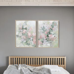 Pink & Green Floral Farmhouse Botanical | Modern Abstract Chic Wall Decor | &quot;Botanicals of the Knoll&quot; - Set of 2 - Art Prints or Canvases
