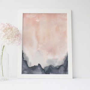 Watercolor Painting Navy Blue and Blush Modern Abstract Jetty Home Bathroom Giclee Art | "Blush Dawn, No. 1" - Art Print or Canvas