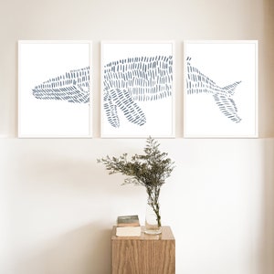 Humpback Whale Artwork Nautical Decor Hamptons Coastal Triptych | "Humpback Whale Modern Illustration" - Set of 3  - Art Prints or Canvases
