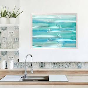 Surf Decor | Surfer Wall Artwork in Blue and Green Watercolor Painting, Poster Wall Art | &quot;Surfboard Tails&quot; - Art Print or Canvas
