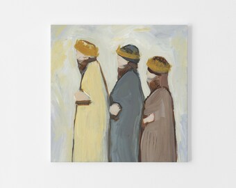 May include: An abstract painting depicts three figures in a row, each wearing a hat and robe. The figures are painted in muted tones of yellow, gray, and brown, with a light background. The artwork has a minimalist style.
