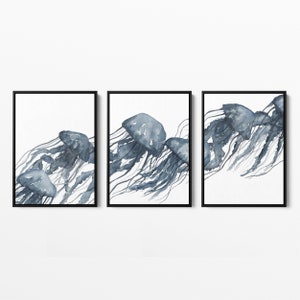 Jellyfish Wall Print Sea Creature Triptych Beach Print | "Watercolor Blue Jellyfish Triptych" - Set of 3  - Art Prints or Canvases