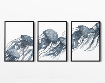 Jellyfish Wall Print Sea Creature Triptych Beach Print | "Watercolor Blue Jellyfish Triptych" - Set of 3  - Art Prints or Canvases