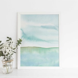 Beach Watercolor Painting | Coastal Seascape Print for Modern Blue Decor | &quot;Seascape Horizon, No. 1&quot; - Art Print or Canvas