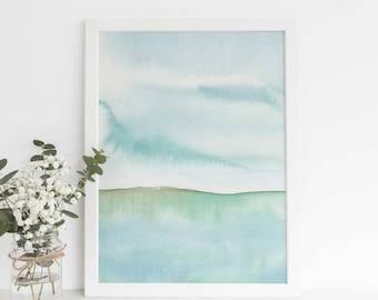 Beach Watercolor Painting | Coastal Seascape Print for Modern Blue Decor | "Seascape Horizon, No. 1" - Art Print or Canvas