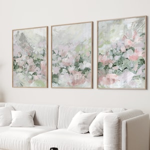 Floral Abstract Art Modern Farmhouse Painting Rose Mauve Pink Green Pastel Chic | "Flowers in Full Bloom" - Set of 3 - Art Print or Canvases