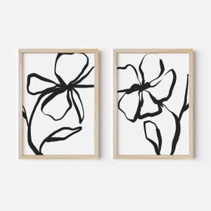 Modern Botanical Line Art | Black & White Minimalist Plant Diptych for Apartment Decor | &quot;Floral Meeting&quot; - Set of 2 Art Prints or Canvases