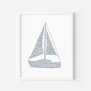 Modern Nautical Print Sailboat Coastal Nursery Artwork Beach Blue and White Wall Art | "Minimalist Sailboat, No. 2" - Art Print or Canvas