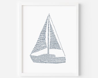 Modernt nautiskt tryck | Segelbåtskustkonstverk i blått och vitt väggkonst | "Minimalistisk segelbåt, nr 2" - Konsttryck eller canvas